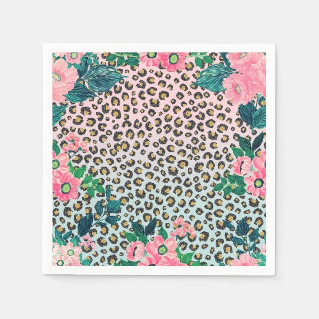 Girly Pink Mint Ombre Floral Glitter Leopard Print Napkin (Front)