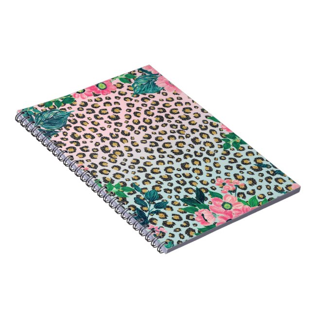 Girly Pink Mint Ombre Floral Glitter Leopard Print Notebook (Right Side)