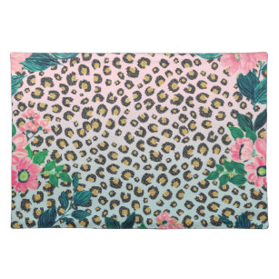 Girly Pink Mint Ombre Floral Glitter Leopard Print Placemat