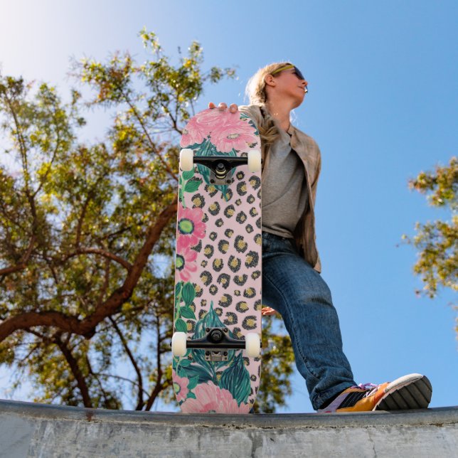 Girly Pink Mint Ombre Floral Glitter Leopard Print Skateboard (Outdoor 1)