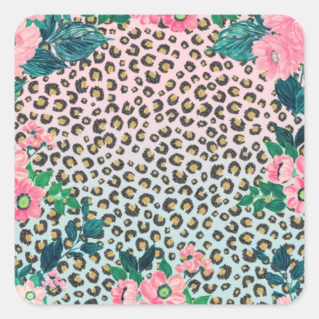 Girly Pink Mint Ombre Floral Glitter Leopard Print Square Sticker (Front)
