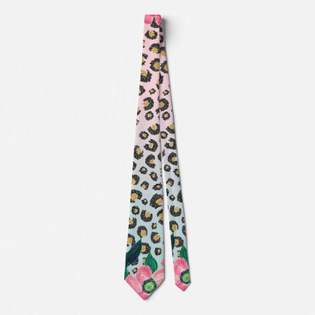 Girly Pink Mint Ombre Floral Glitter Leopard Print Tie (Front)
