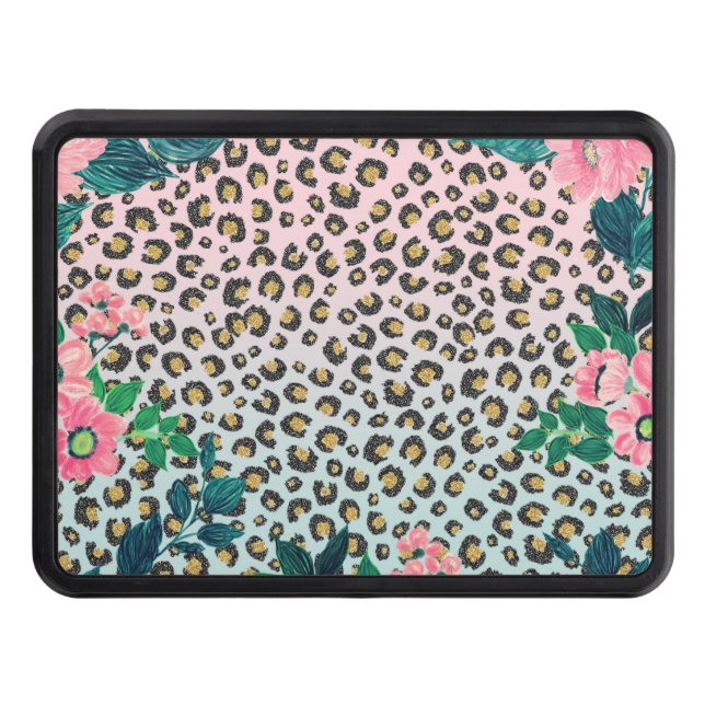 Girly Pink Mint Ombre Floral Glitter Leopard Print Trailer Hitch Cover (Front)