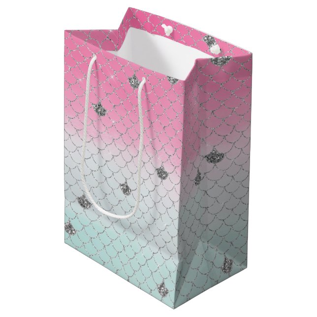 Girly Pink Mint Silver Glitter Mermaid Medium Gift Bag (Front Angled)