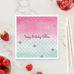 Girly Pink Mint Silver Glitter Mermaid Napkin