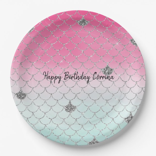 Girly Pink Mint Silver Glitter Mermaid Paper Plate (Front)