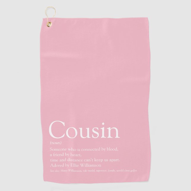 Girly Pink Modern Typographic Cousin Definition Golf Towel (Front)
