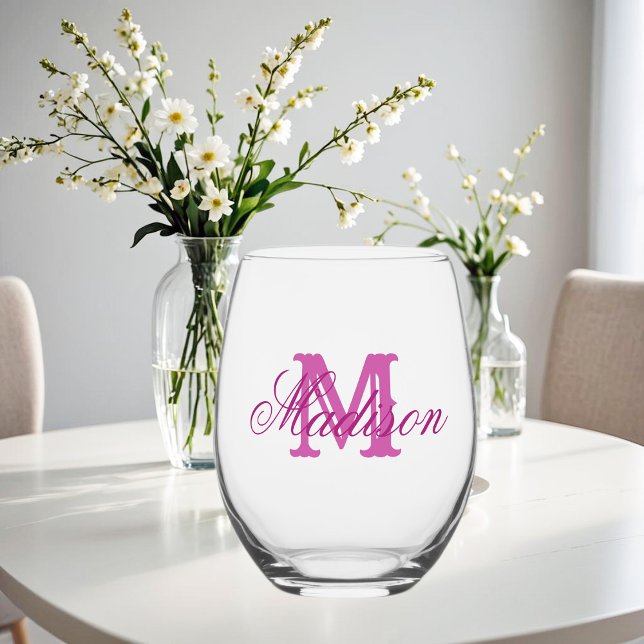 Girly pink monogram and name  stemless wine glass (Creator Uploaded)