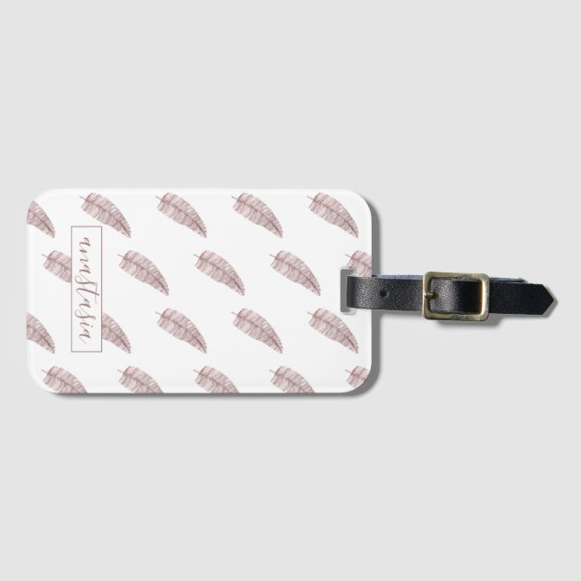 Girly Pink Monogram Feathers Pattern Luggage Tag (Front Horizontal)