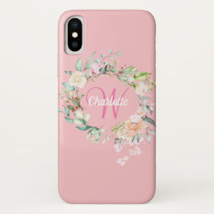 Girly Pink Monogram Initial Roses Floral Case-Mate iPhone Case