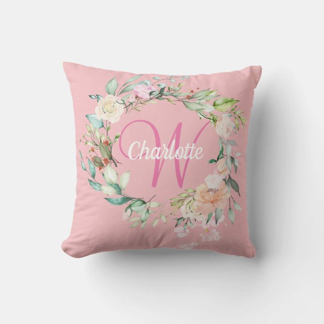 Girly Pink Monogram Initial Sweet Summer Roses Throw Pillow (Front)