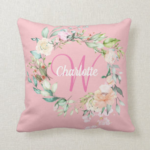 Girly Pink Monogram Initial Sweet Summer Roses Throw Pillow