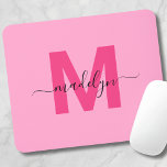 Girly Pink Monogram Script Name Mouse Pad<br><div class="desc">Personalized Girly Pink Script Initial Monogram Mouse Pad. Add a pop of fun and feminine charm to your workspace with this chic mouse pad. Featuring a bright, happy pink background with a bold magenta hot pink initial and a sleek black script name, this design is perfect for any girly girl....</div>