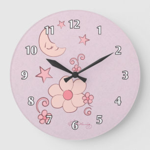 Girly Pink Moon And Stars Large Clock