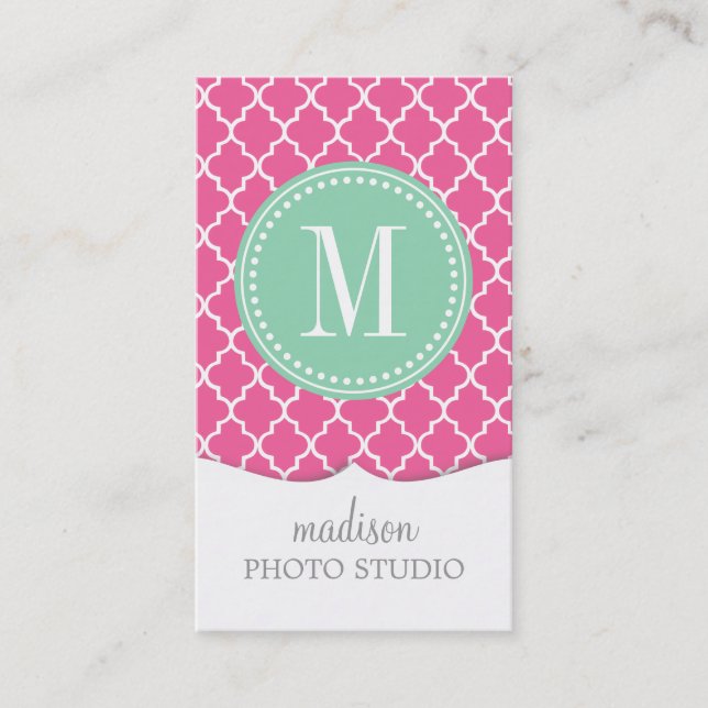 Girly Pink Moroccan Tiles Lattice Personalized Business Card (Front)