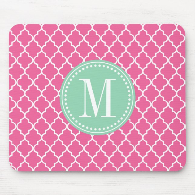 Girly Pink Moroccan Tiles Lattice Personalized Mouse Pad (Front)