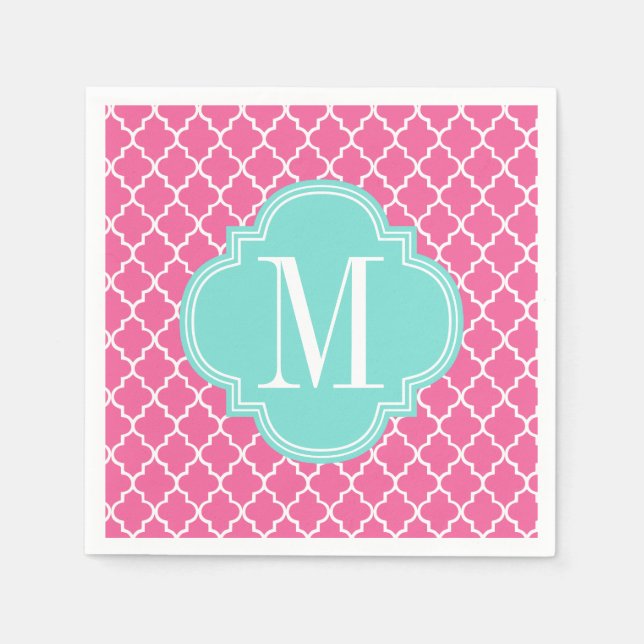 Girly Pink Moroccan Tiles Lattice Personalized Napkin (Front)
