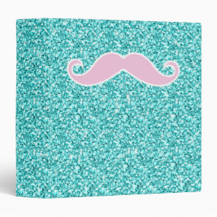 GIRLY PINK MUSTACHE ON TEAL GLITTER EFFECT BINDER