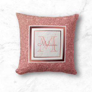 Girly Pink Name Monogram Rose Gold Glitter Throw Pillow