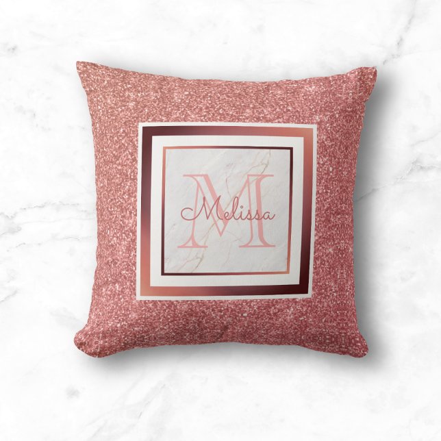 Girly Pink Name Monogram Rose Gold Glitter Throw Pillow (Creator Uploaded)