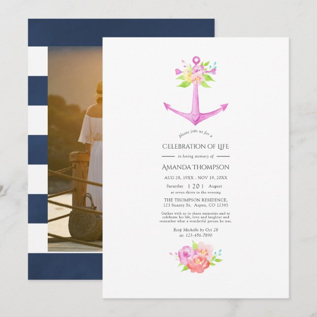 Girly Pink Nautical Floral Celebration of Life Invitation (Front/Back)