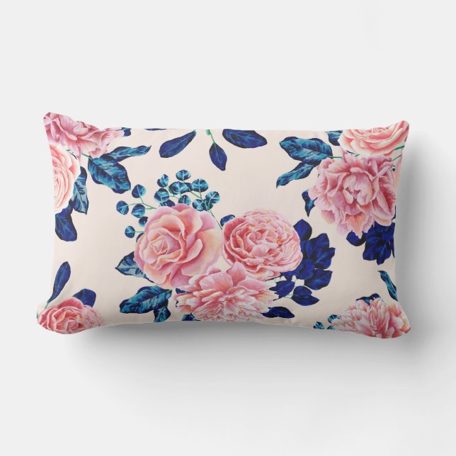 Girly Pink Navy Blue Country Painted Flowers Lumbar Pillow (Front)