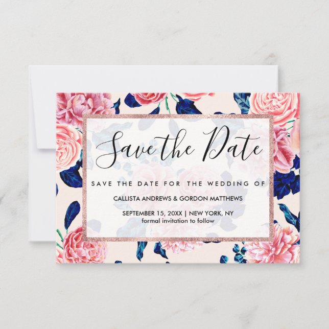 Girly Pink Navy Blue Country Painted Flowers Save The Date (Front)