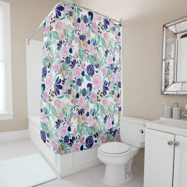 Girly Pink Navy Blue Gold Watercolor Flowers (In Situ)