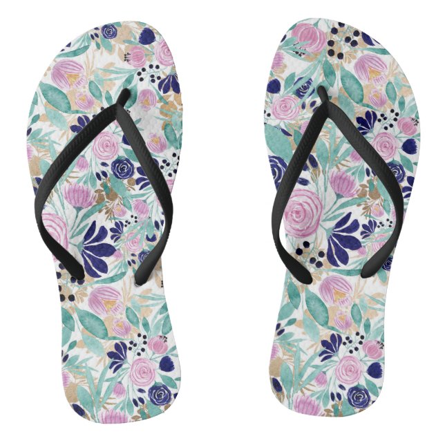 Girly Pink Navy Blue Gold Watercolor Flowers Flip Flops (Footbed)
