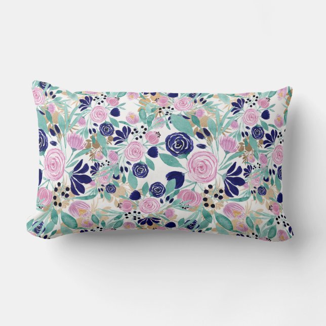 Girly Pink Navy Blue Gold Watercolor Flowers Lumbar Pillow (Front)
