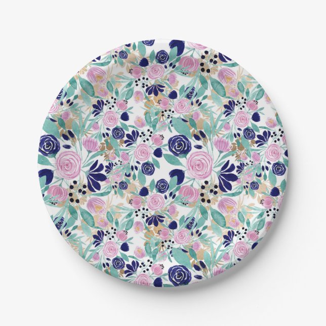 Girly Pink Navy Blue Gold Watercolor Flowers Paper Plate (Front)