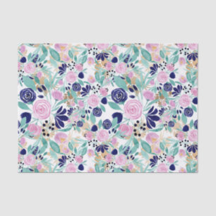Girly Pink Navy Blue Gold Watercolor Flowers Tissue Paper
