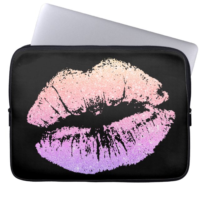 Girly Pink Neon Lips Black Laptop Computer Sleeve (Front)