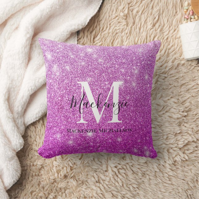 Girly Pink Ombre Glitter Monogram Name    Throw Pillow (Blanket)