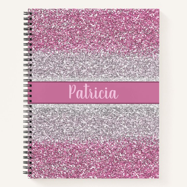 Girly Pink Ombre Glitter Personalized Name Notebook (Front)
