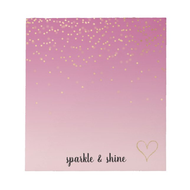 Girly Pink Ombre Gold Confetti Glitter Heart Notepad (Front)