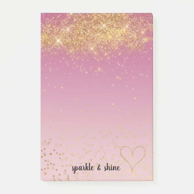 Girly Pink Ombre Gold Sparkle Confetti Glitter Post-it Notes (Front)