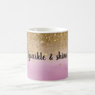 Girly Pink Ombre Watercolor Gold Glitter Hearts Coffee Mug