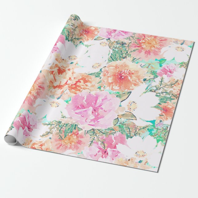 Girly Pink & Orange flowers Watercolor Paint  Wrapping Paper (Unrolled)