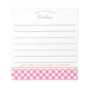 Girly Pink & Orange Script Gingham Lined Notepad