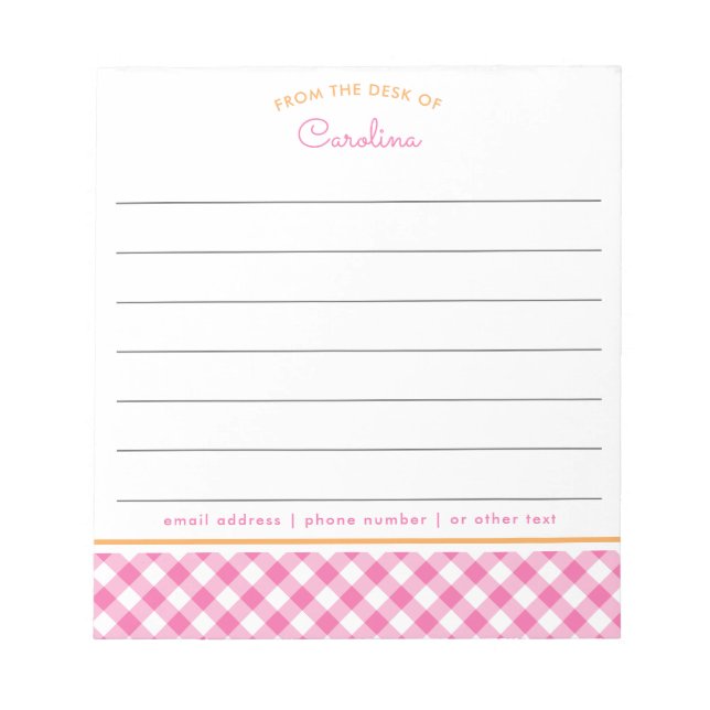 Girly Pink & Orange Script Gingham Lined Notepad (Front)