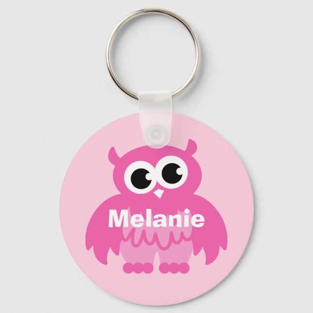Girly pink owl cartoon keychain with name (Front)
