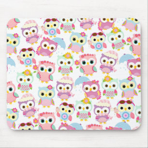 Girly Pink Owls Cute Pattern Mouse Pad