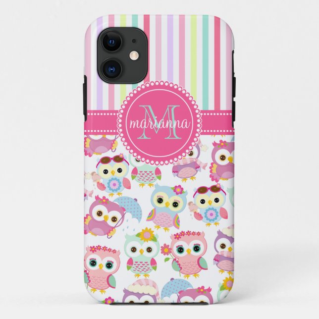 Girly Pink Owls Cute Pattern Personalized Case-Mate iPhone Case (Back)