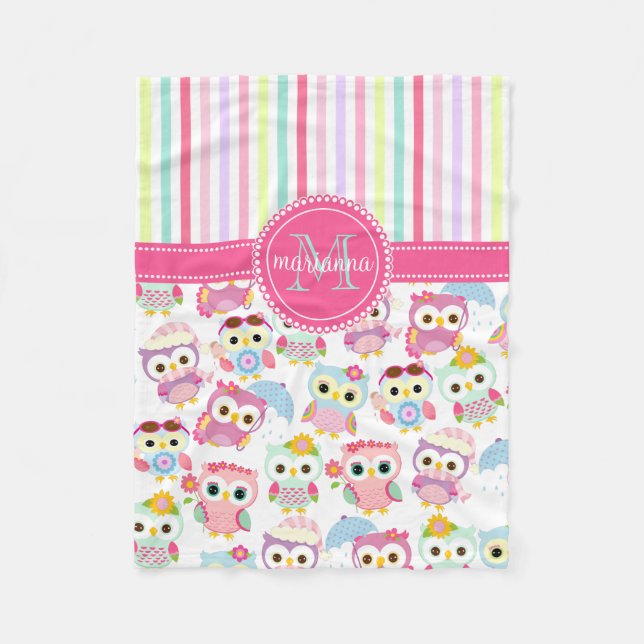 Girly Pink Owls Cute Pattern Personalized Fleece Blanket (Front)