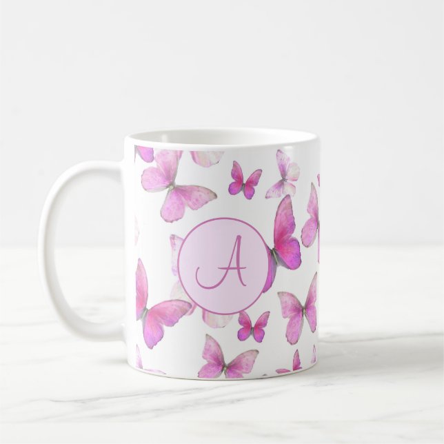 Girly Pink Pastel Butterflies Custom Monogrammed Coffee Mug (Left)