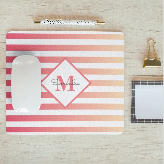 Girly Pink Peach Ombre Stripes Monogram Mouse Pad (Creator Uploaded)