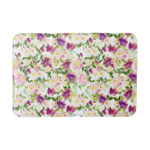 Girly Pink Peach Purple Burgundy Watercolor Floral Bath Mat