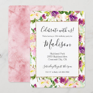 Girly Pink Peach Purple Burgundy Watercolor Floral Invitation