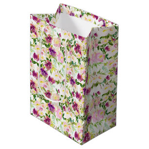 Girly Pink Peach Purple Burgundy Watercolor Floral Medium Gift Bag